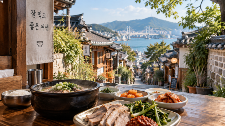 국내 먹거리 여행을 표현한 한국 음식과 여행 풍경